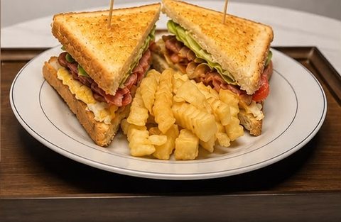 Bacon and Egg sandwich with fries
