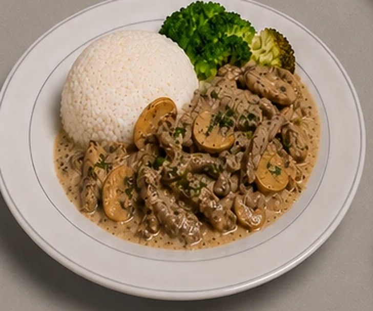 Beef Stroganoff rice bowl with mushrooms and broccoli