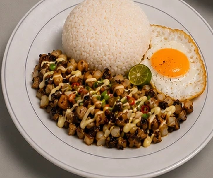 Sisig rice bowl topped with a fried egg